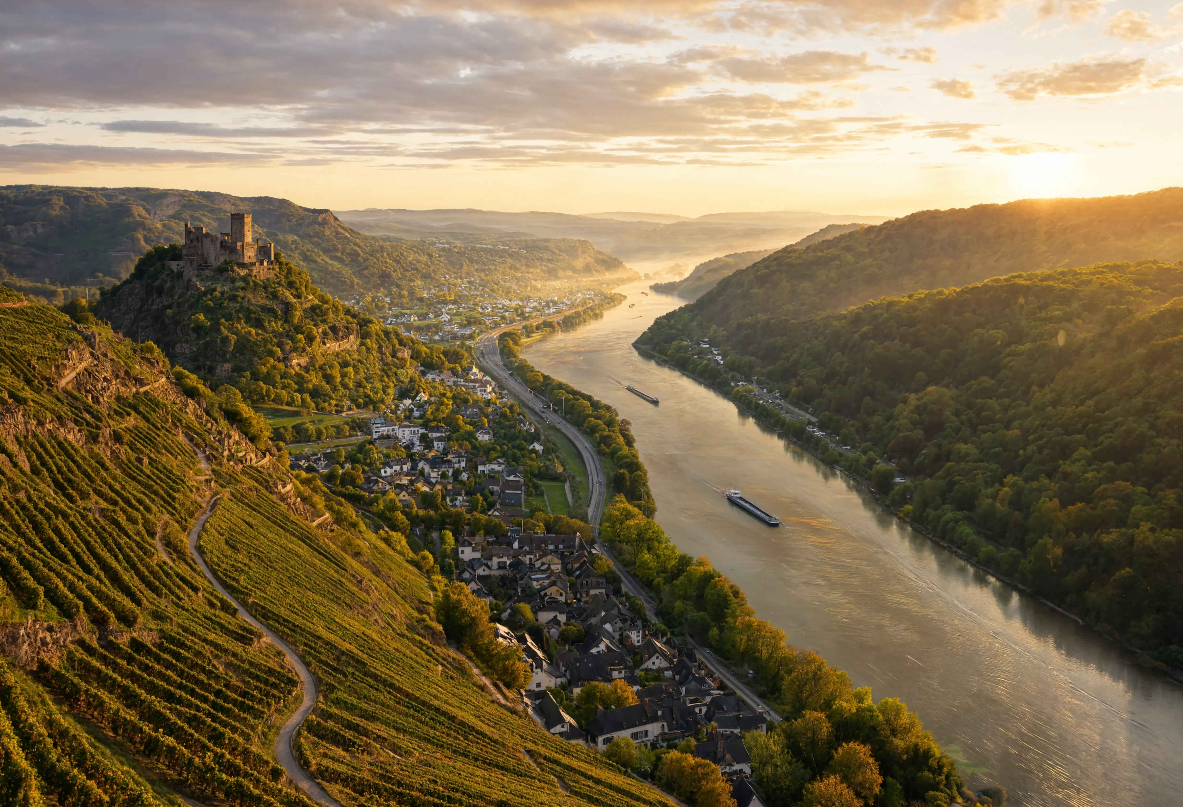 Rheintal Panorama — Weinberge und Burgen bei Sonnenuntergang