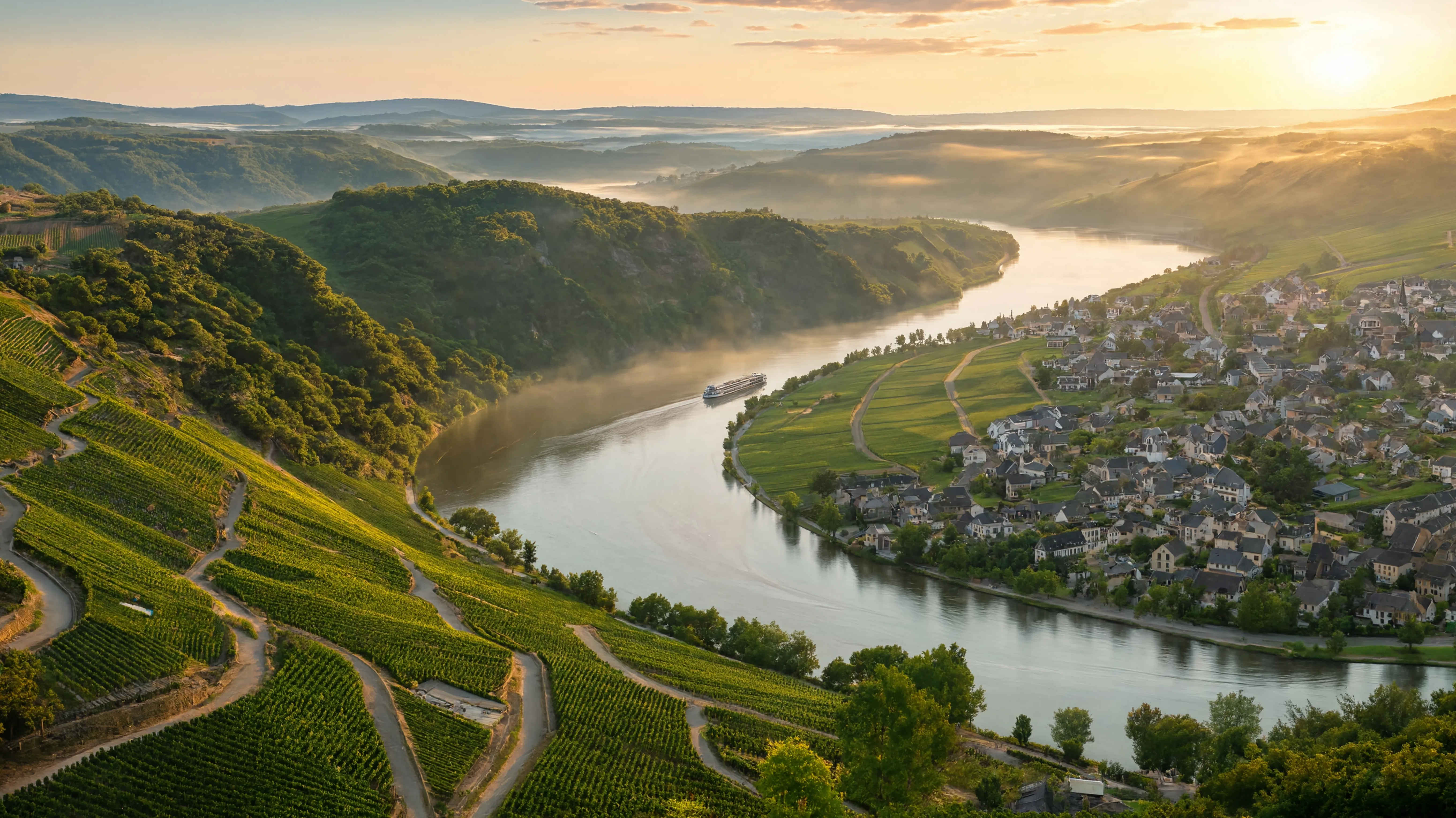 Moseltal — Steillagen-Weinberge bei Sonnenaufgang